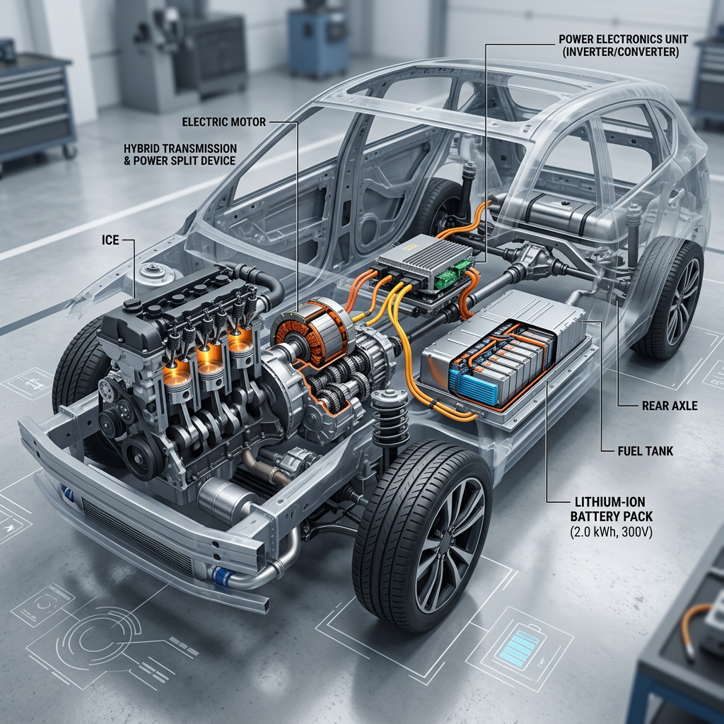 Cutaway of hybrid car showing internal combustion engine, electric motor, lithium-ion battery pack, and power electronics unit