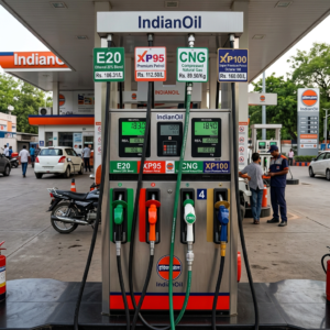 Fuel pump showing E20 ethanol blend, XP95 premium petrol, CNG, and XP100 super premium petrol with prices